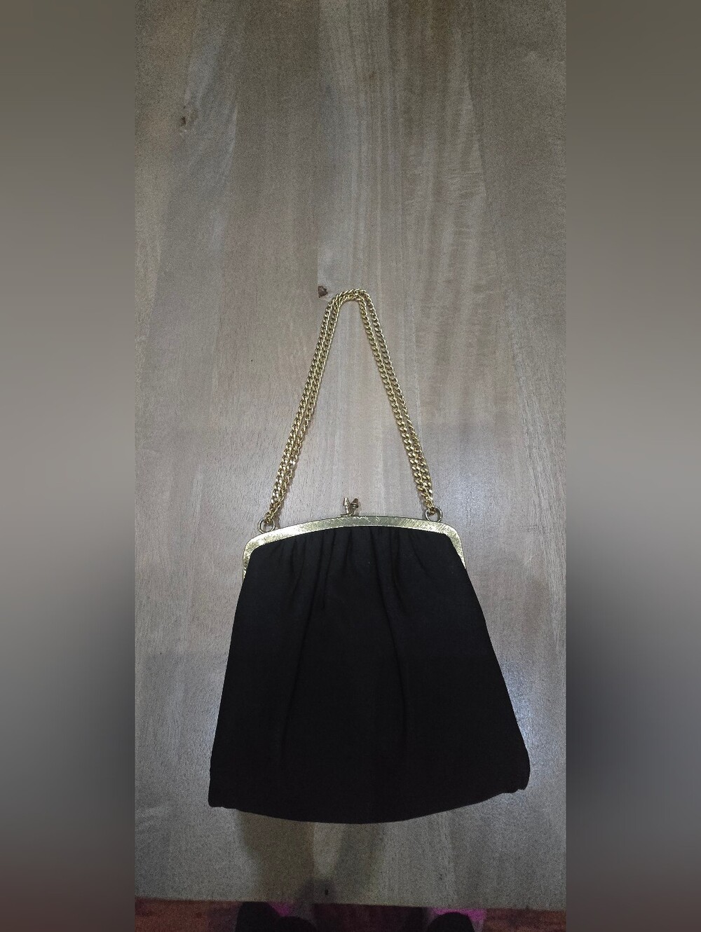 Vintage 50s 60s Black Crepe Evening Clutch Bag Gold Chain Kiss Lock Purse